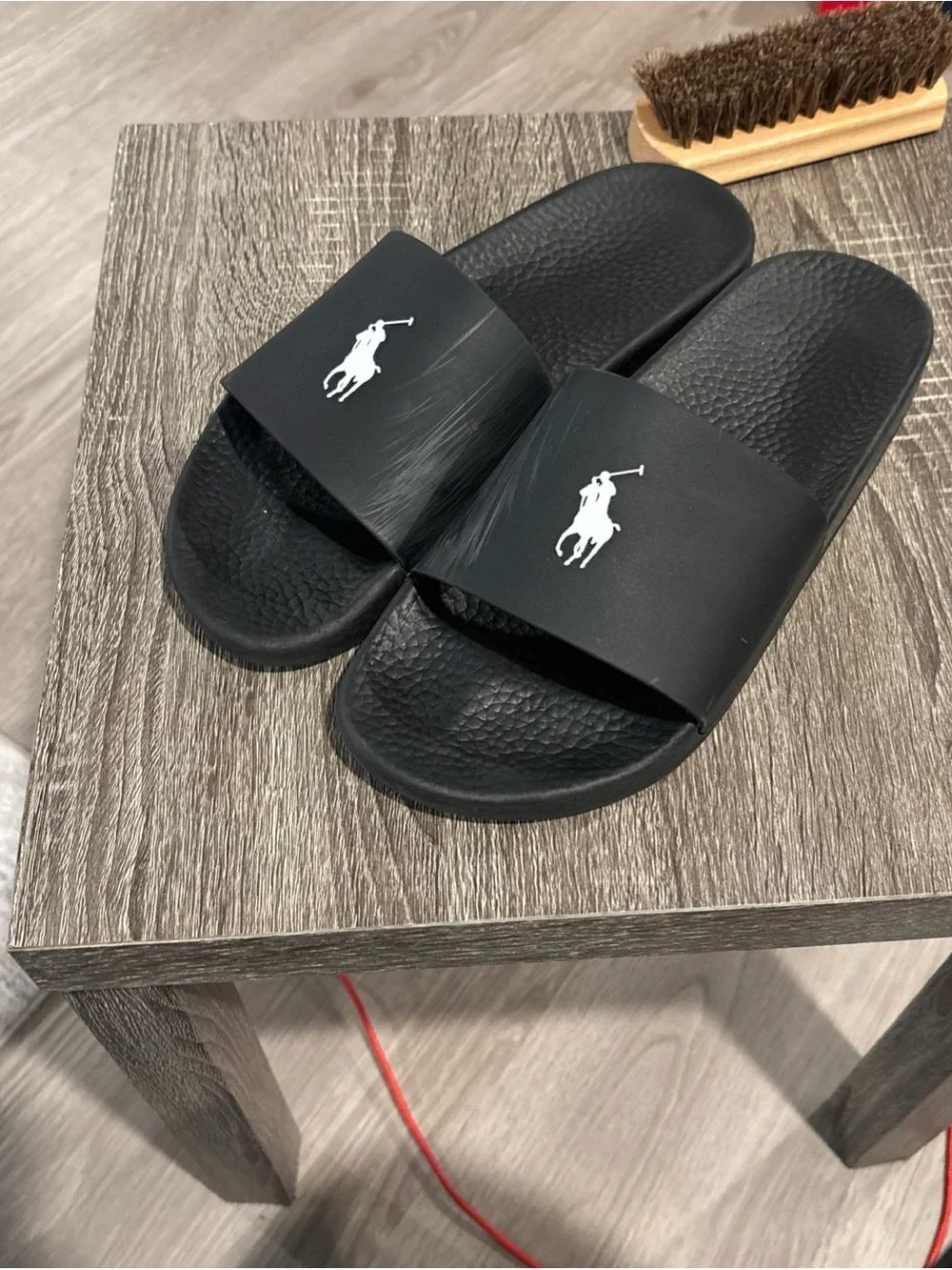 Polo by Ralph Lauren Black Slide Sandals with White Polo Player Logo